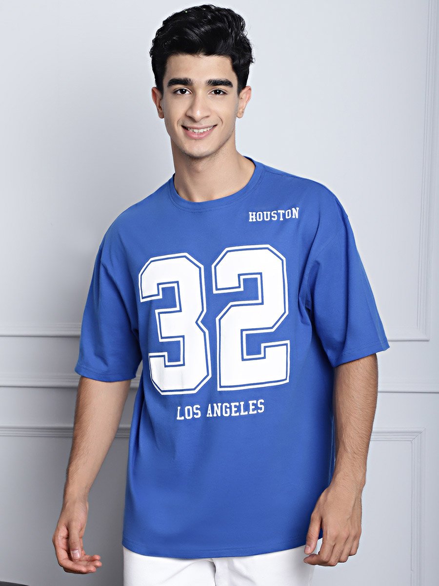 Men Blue Graphic Print Oversized T-Shirt