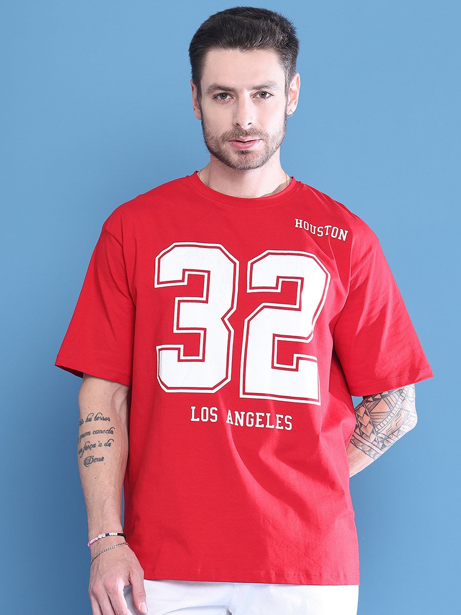 Men Red Graphic Print Oversized T-Shirt