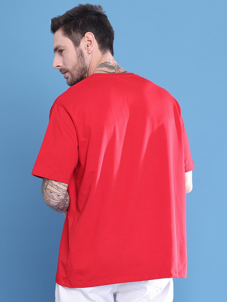 Men Red Graphic Print Oversized T-Shirt