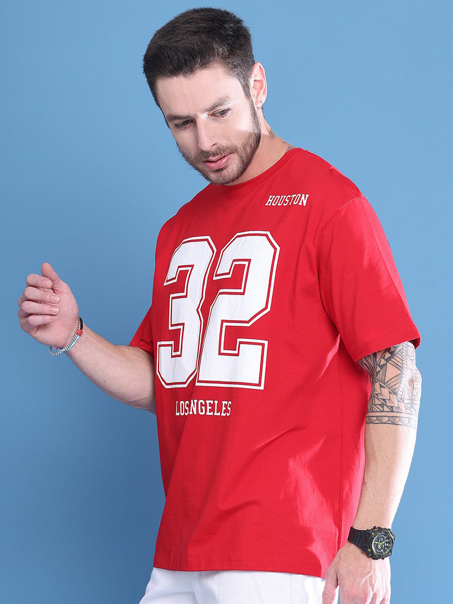 Men Red Graphic Print Oversized T-Shirt