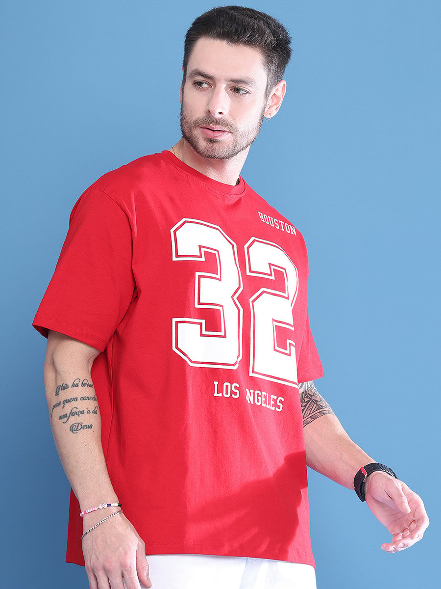 Men Red Graphic Print Oversized T-Shirt