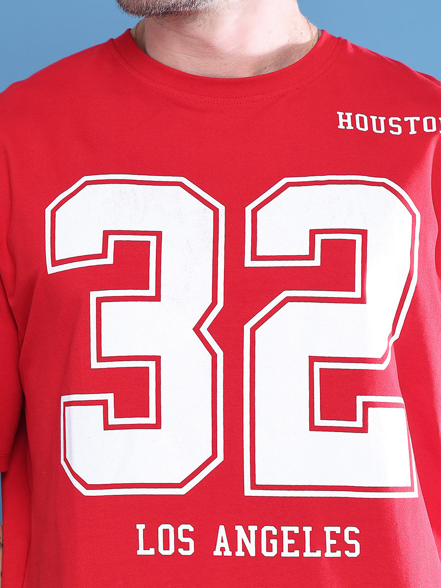 Men Red Graphic Print Oversized T-Shirt
