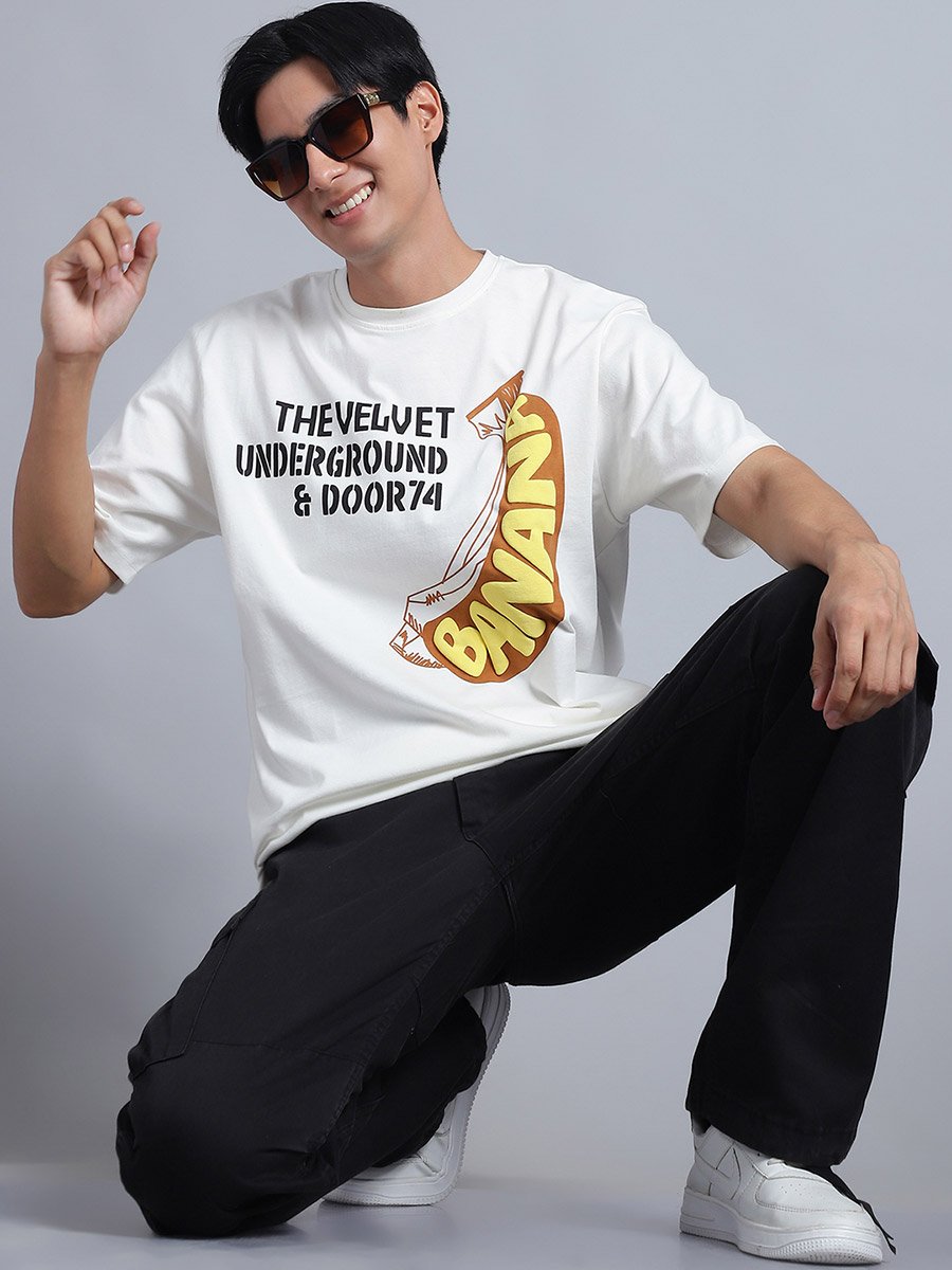 Men Off White Oversized Graphic Print T-Shirt