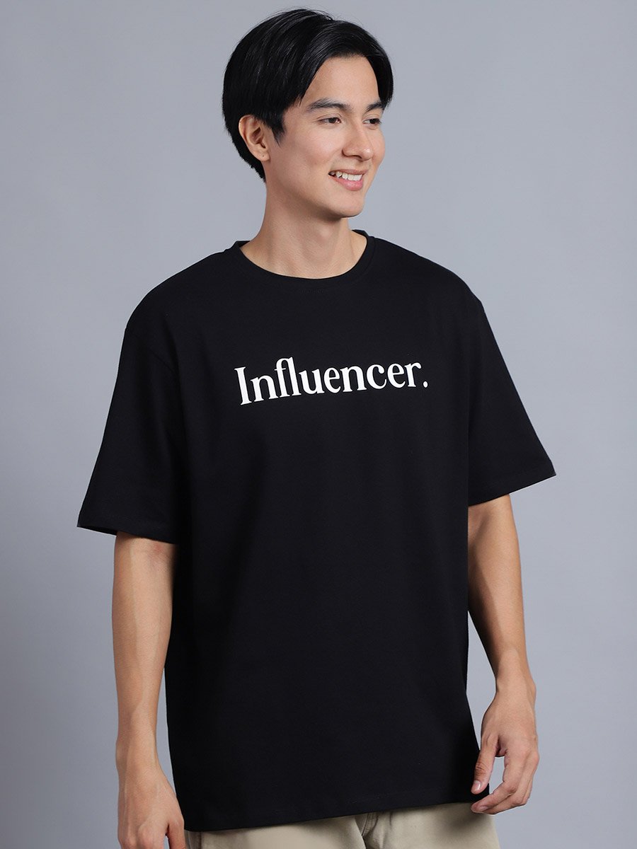 Men Black Oversized Slogan Print T-Shirt