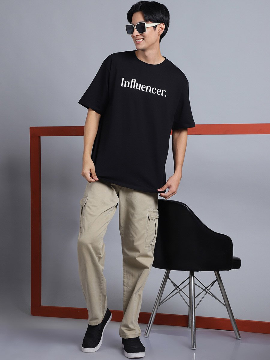 Men Black Oversized Slogan Print T-Shirt
