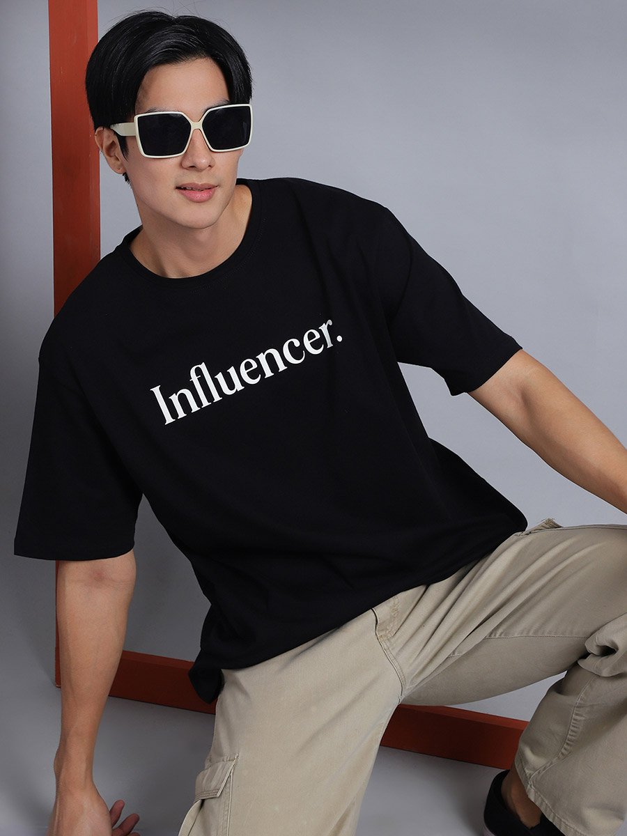 Men Black Oversized Slogan Print T-Shirt