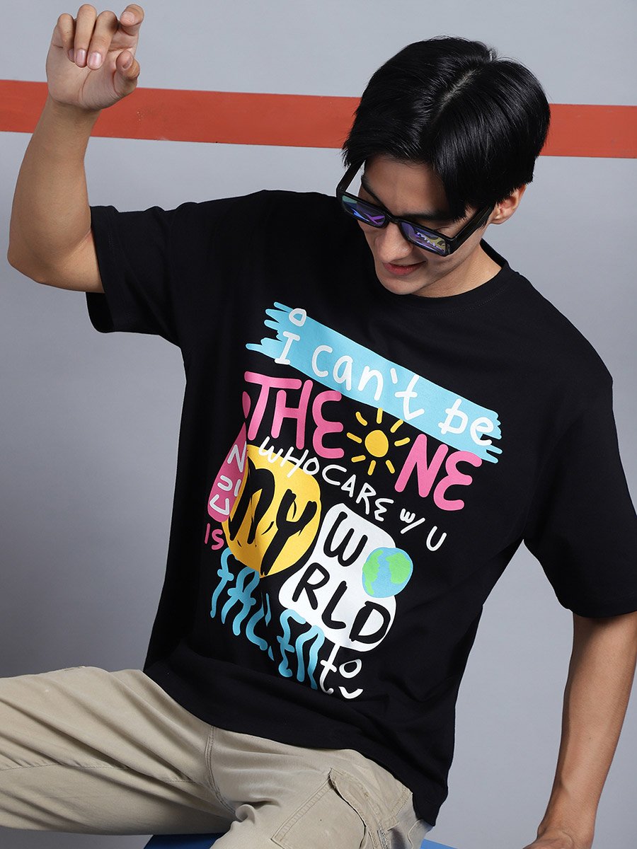 Men Black Oversized Graphic Print T-Shirt