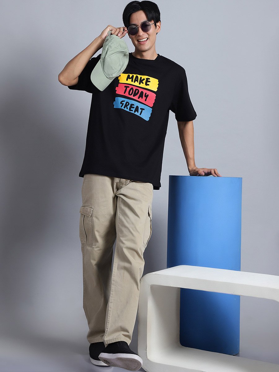 Men Black Oversized Graphic Print T-Shirt