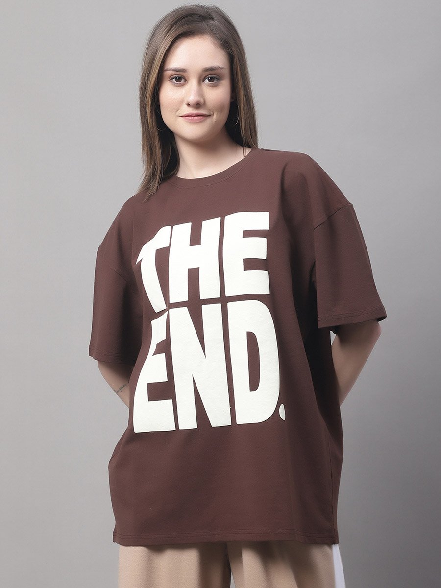 Women Brown Oversized Graphic Print T-Shirt