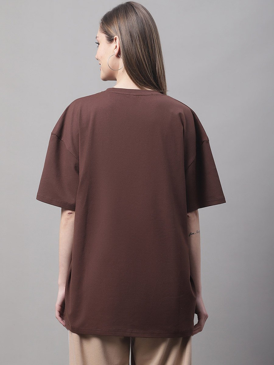 Women Brown Oversized Graphic Print T-Shirt