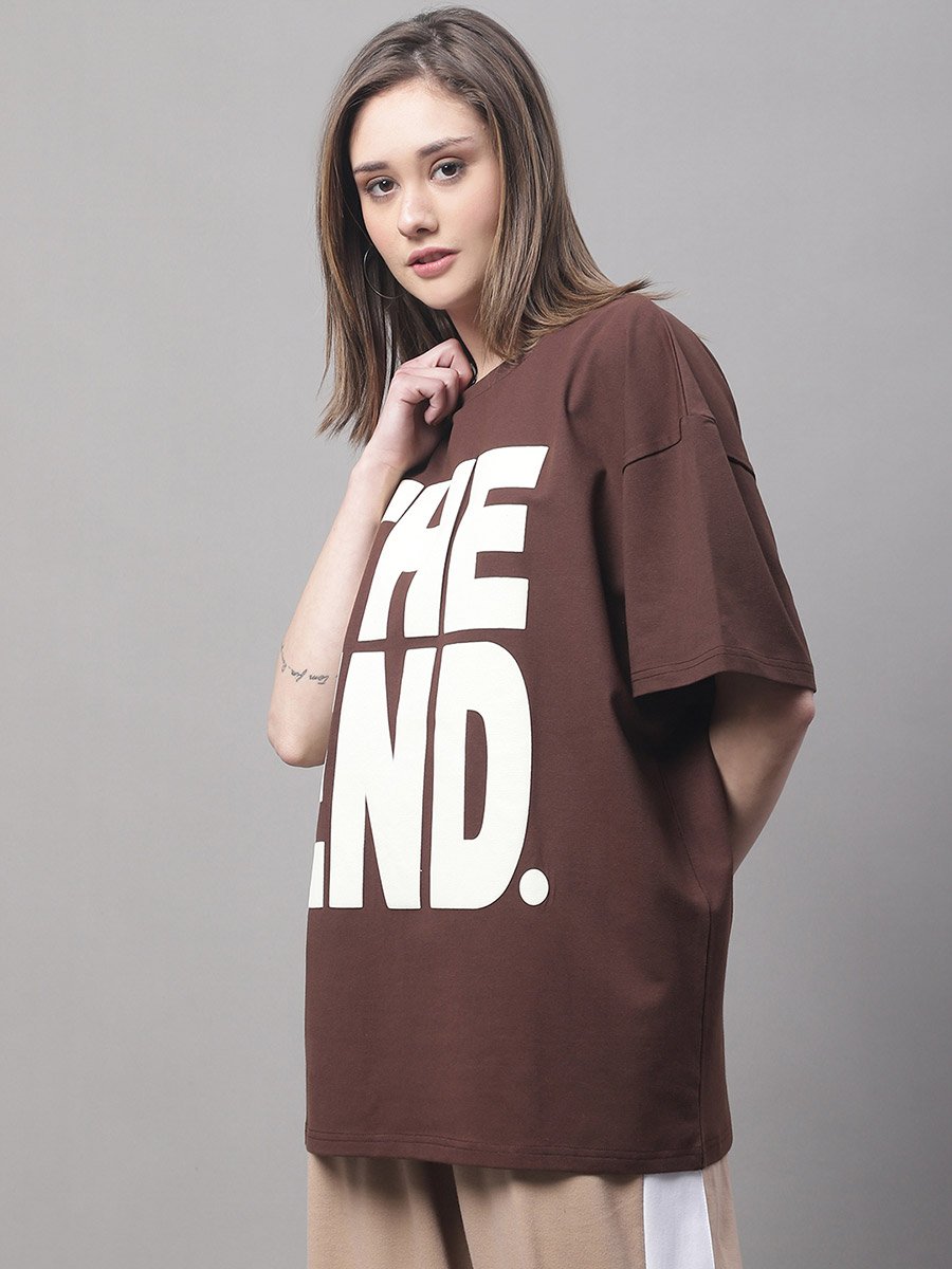 Women Brown Oversized Graphic Print T-Shirt
