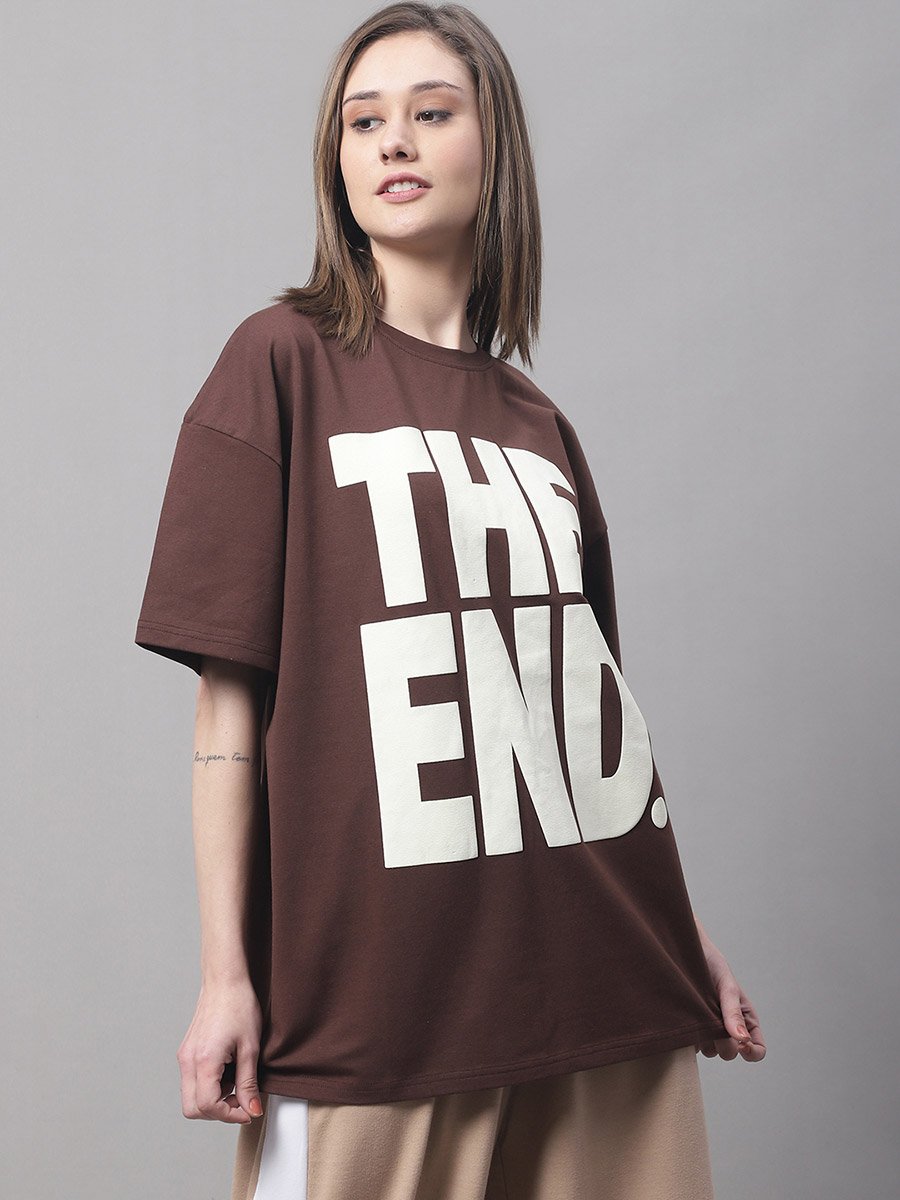 Women Brown Oversized Graphic Print T-Shirt