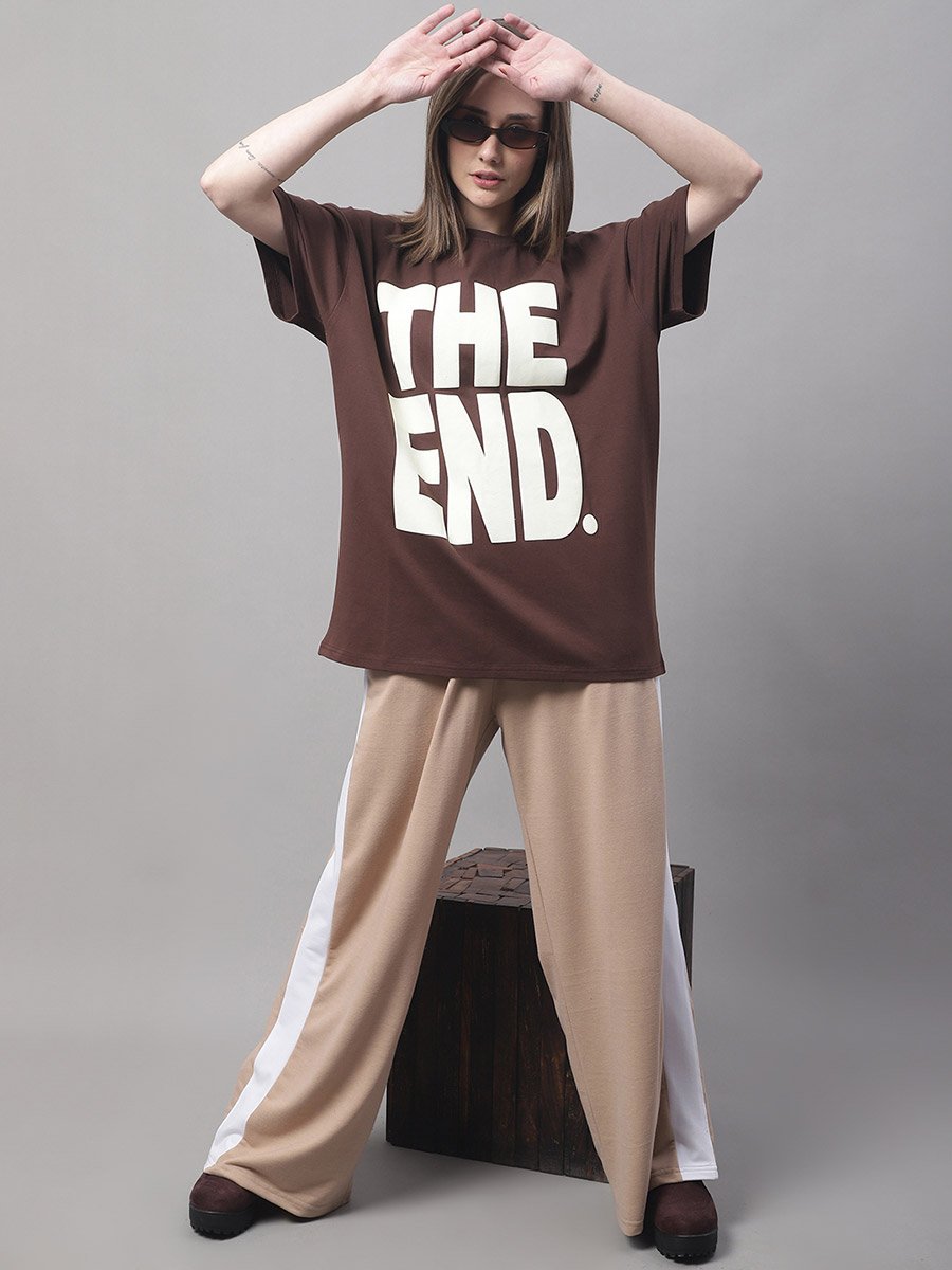 Women Brown Oversized Graphic Print T-Shirt