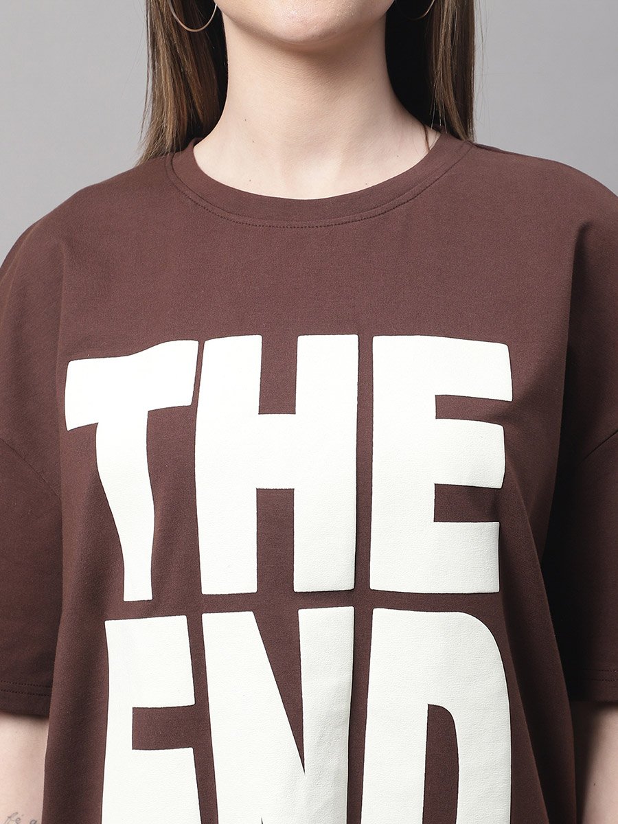 Women Brown Oversized Graphic Print T-Shirt