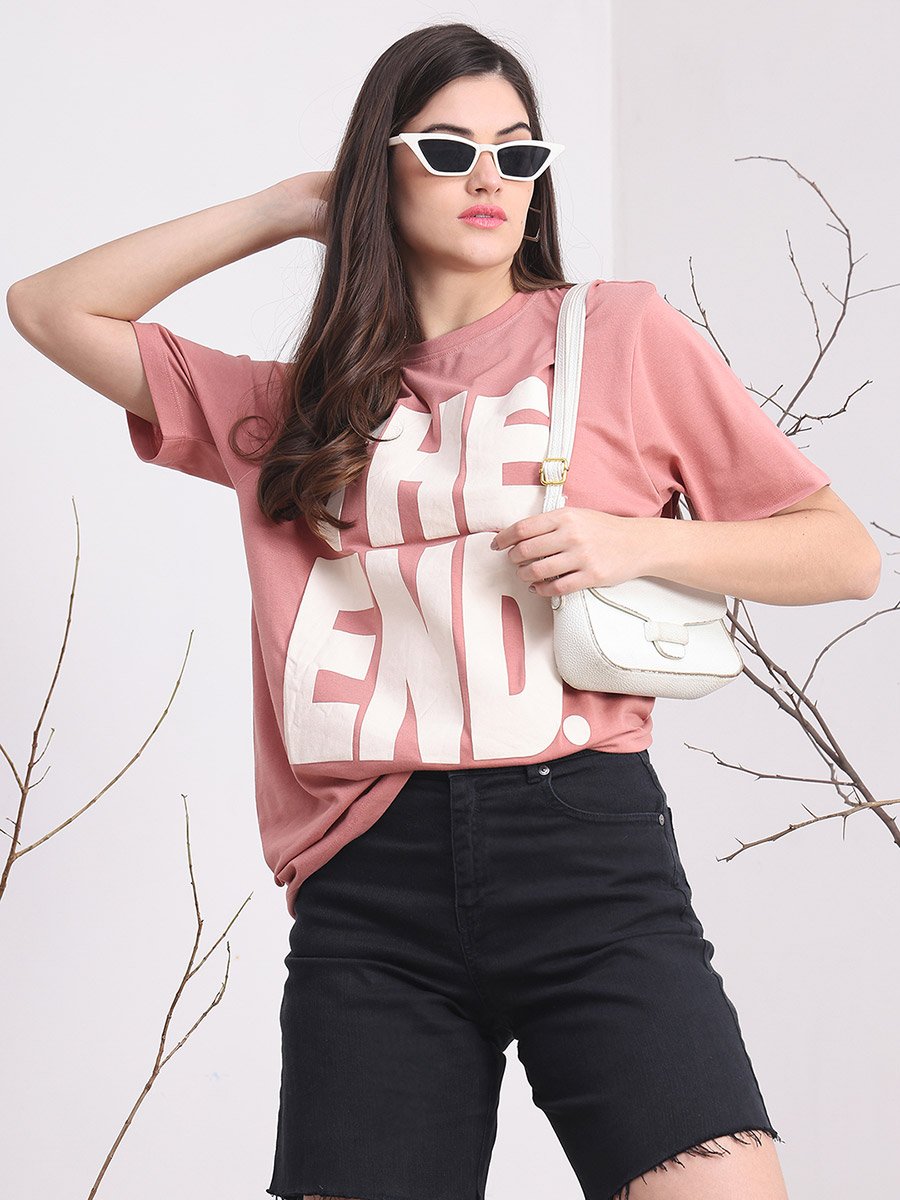 Women Pink Oversized Graphic Print T-Shirt