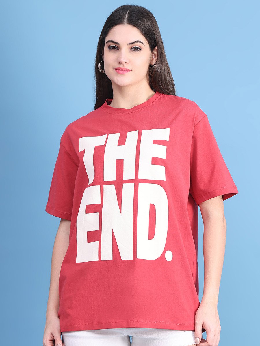 Women Red Oversized Graphic Print T-Shirt