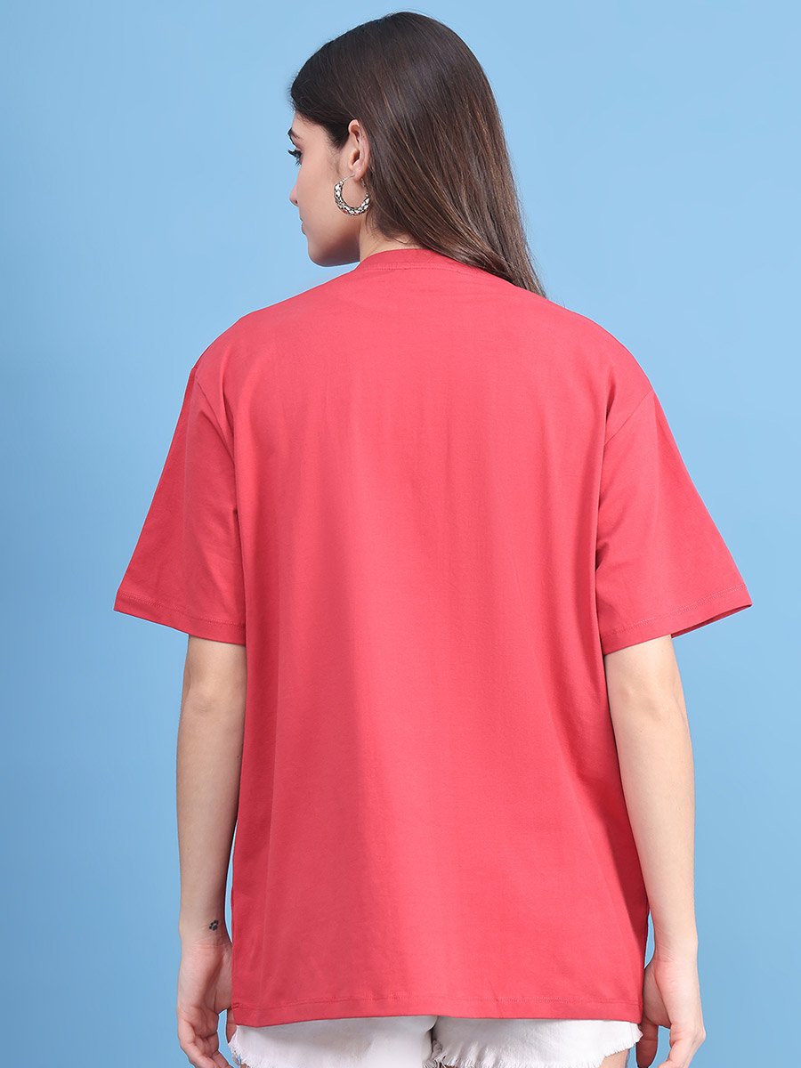 Women Red Oversized Graphic Print T-Shirt