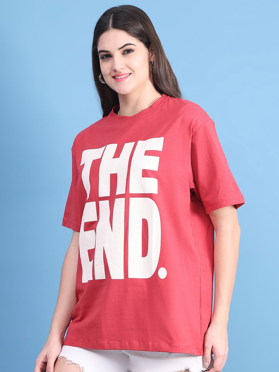 Women Red Oversized Graphic Print T-Shirt