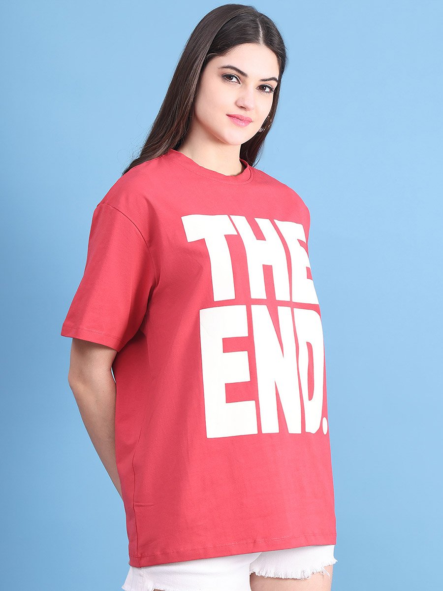 Women Red Oversized Graphic Print T-Shirt