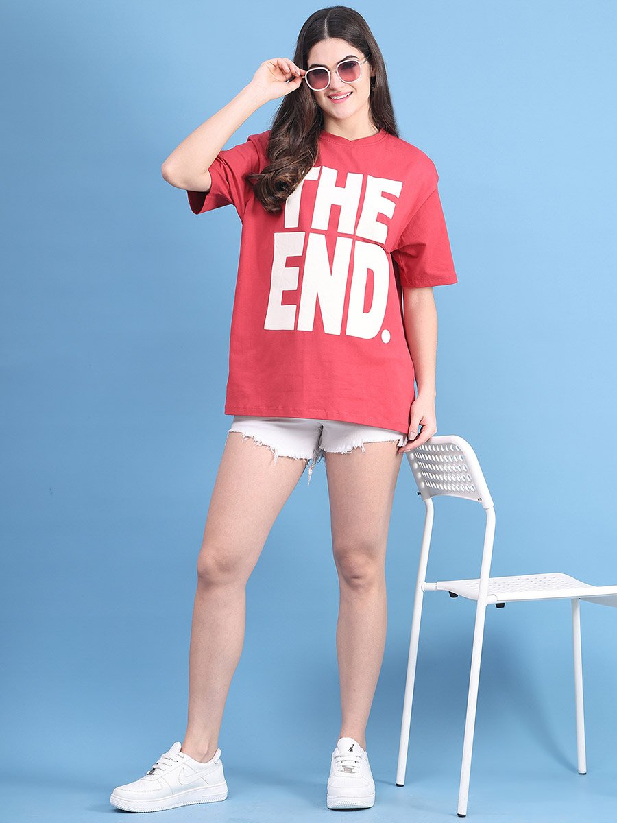Women Red Oversized Graphic Print T-Shirt