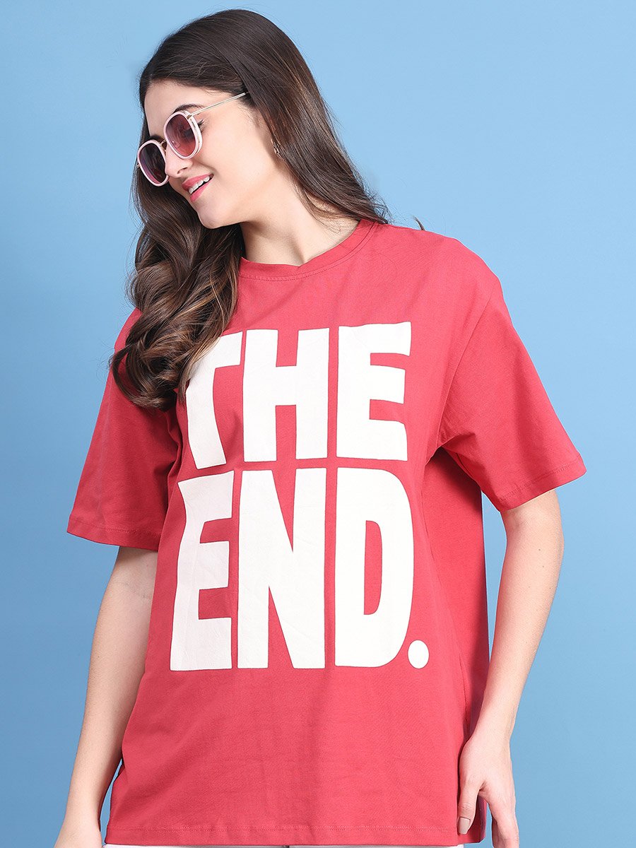 Women Red Oversized Graphic Print T-Shirt