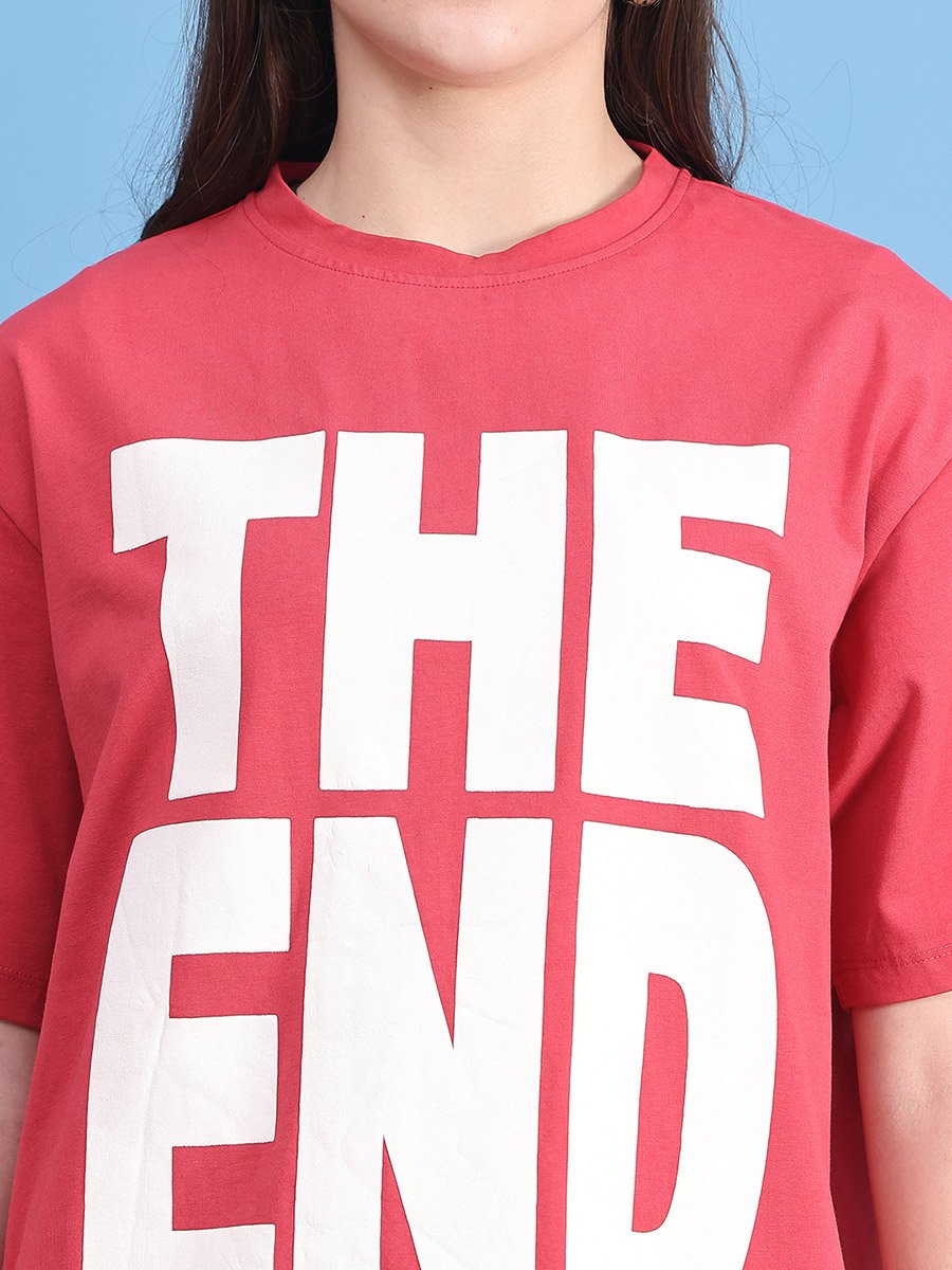 Women Red Oversized Graphic Print T-Shirt