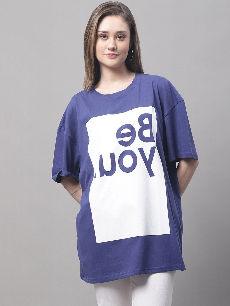 Women Navy Blue Oversized Graphic Print T-Shirt