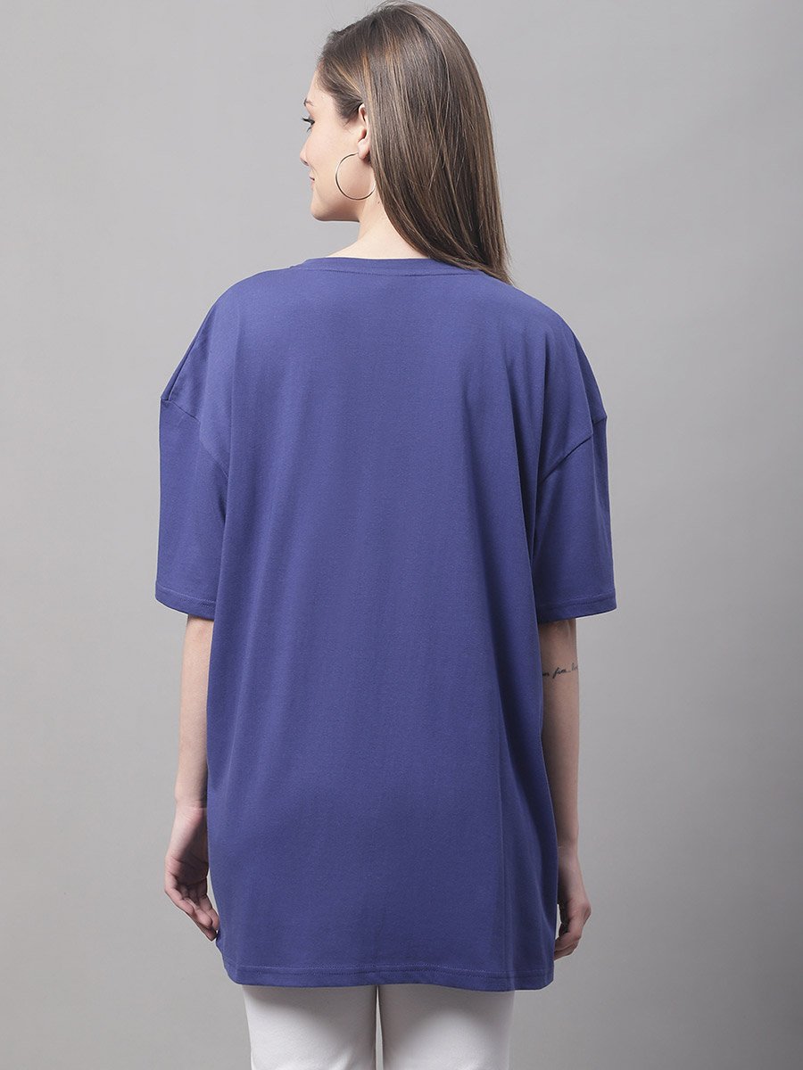 Women Navy Blue Oversized Graphic Print T-Shirt