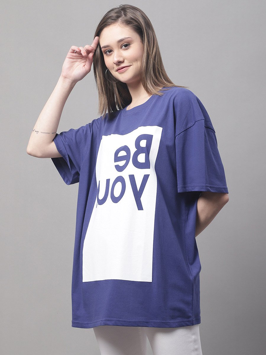 Women Navy Blue Oversized Graphic Print T-Shirt