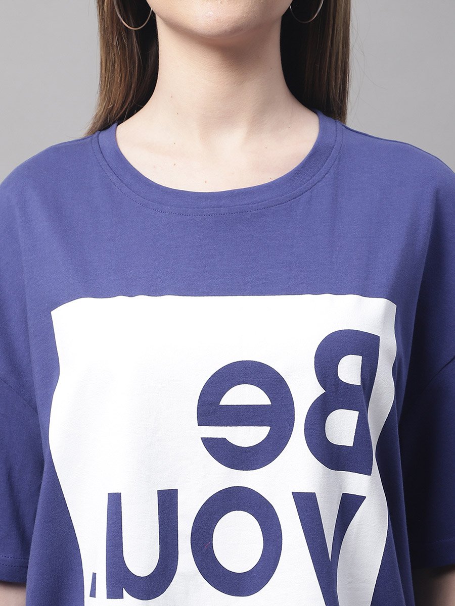 Women Navy Blue Oversized Graphic Print T-Shirt