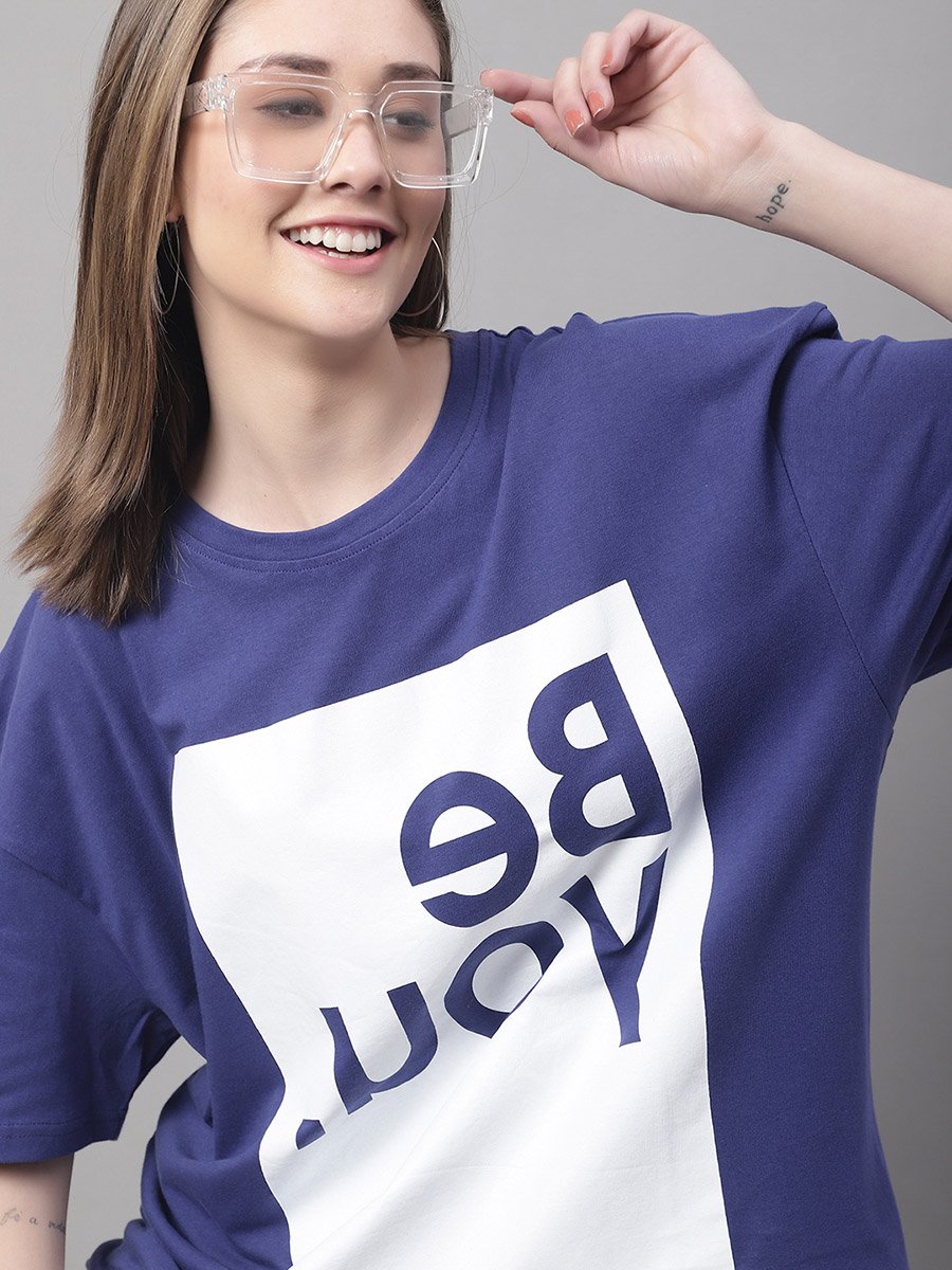 Women Navy Blue Oversized Graphic Print T-Shirt