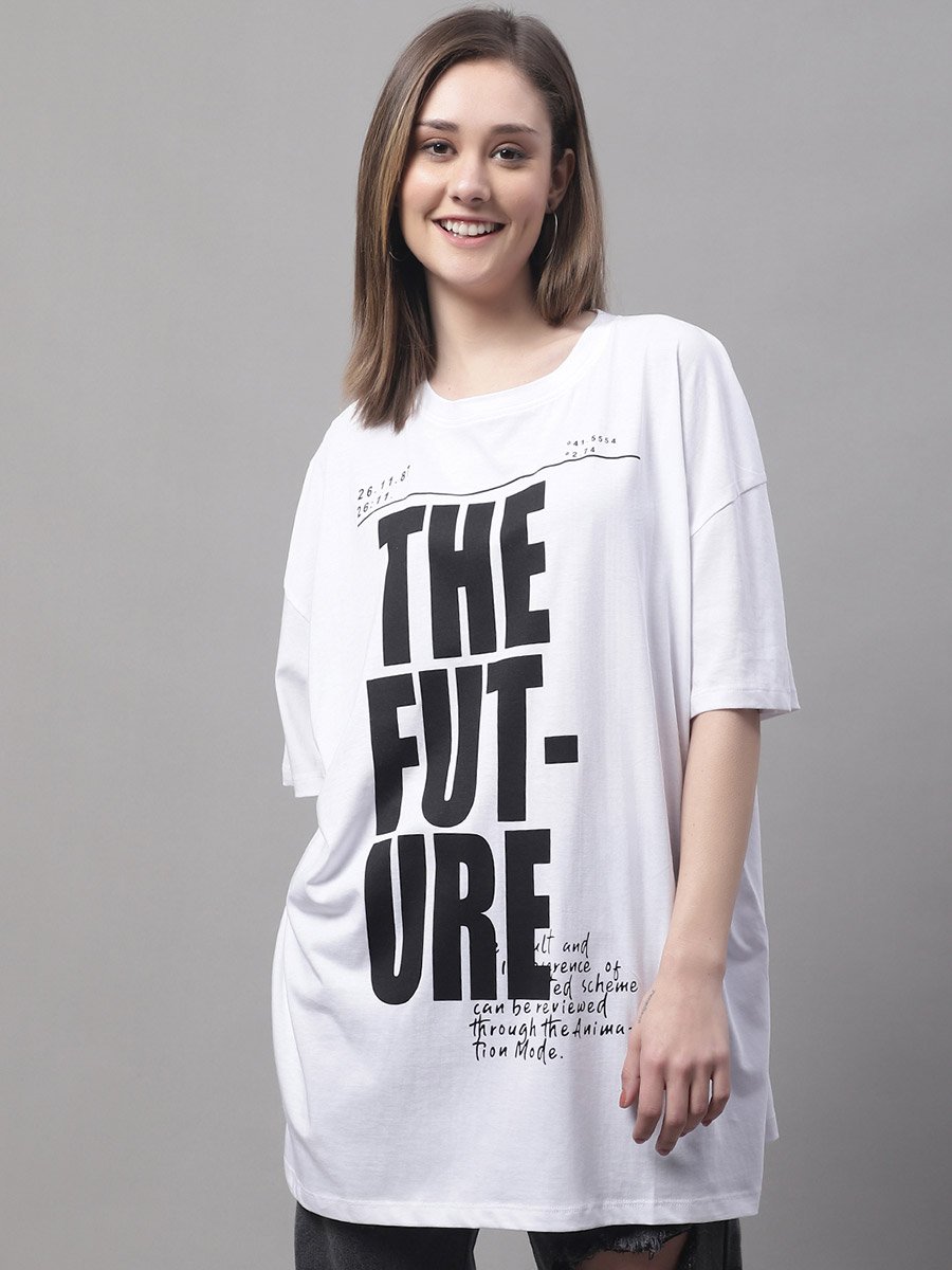 Women White Oversized Slogan Print T-Shirt