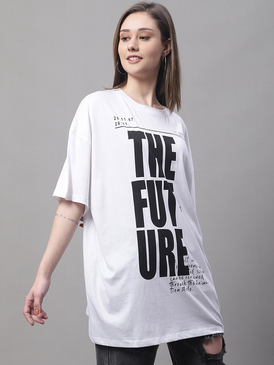 Women White Oversized Slogan Print T-Shirt