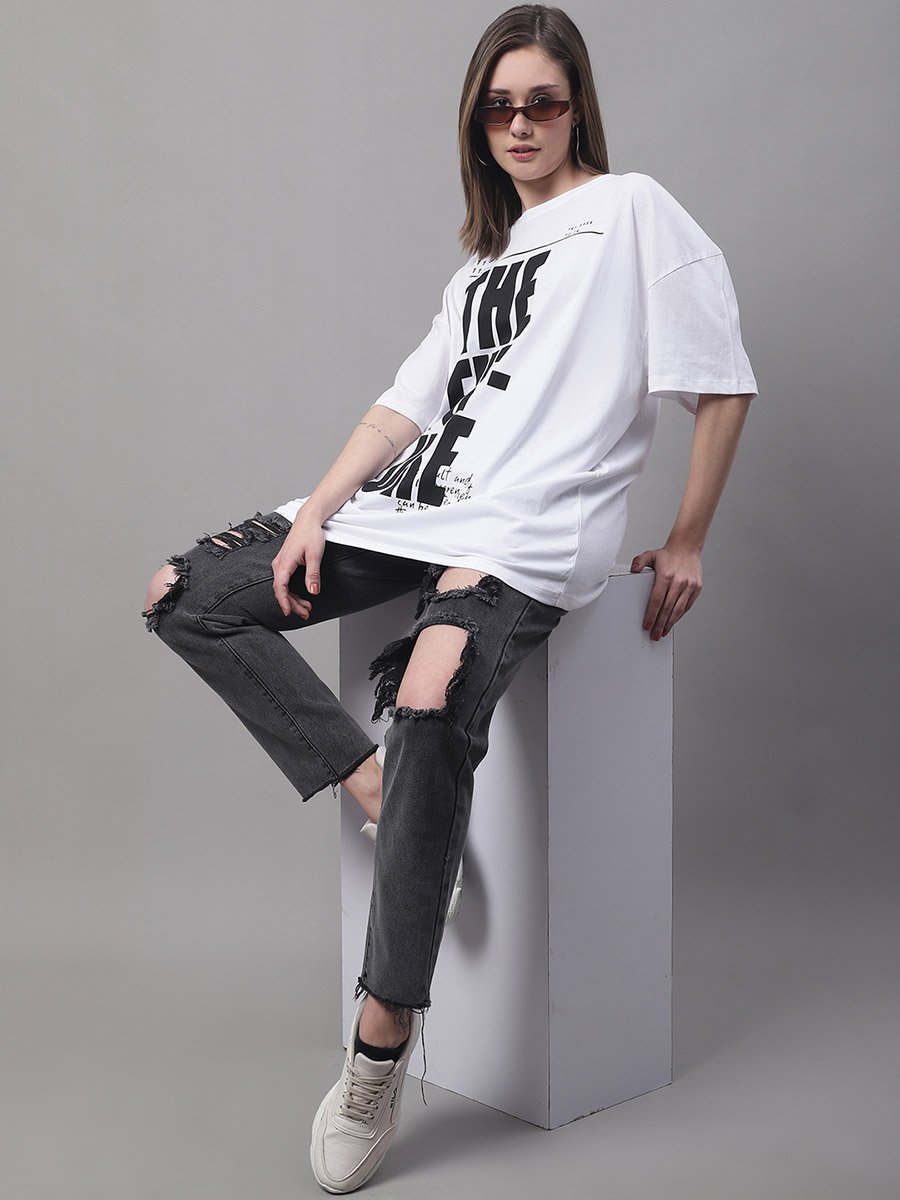 Women White Oversized Slogan Print T-Shirt
