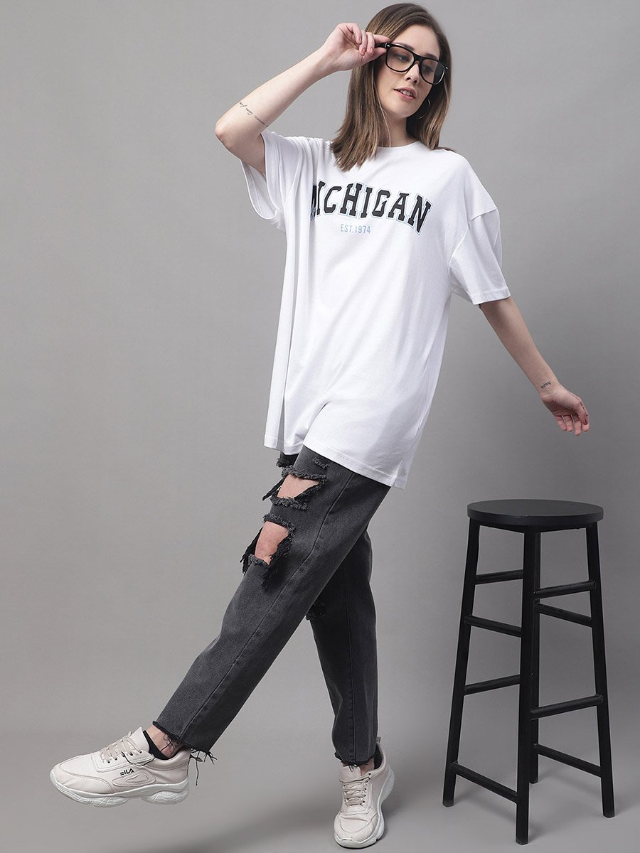 Women White Oversized Slogan Print T-Shirt