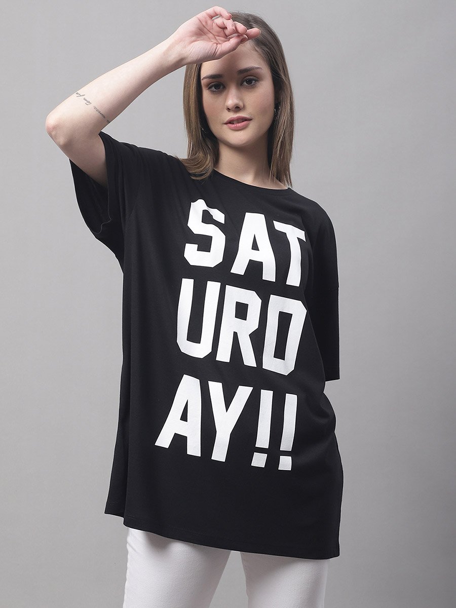 Women Black Oversized Slogan Print T-Shirt