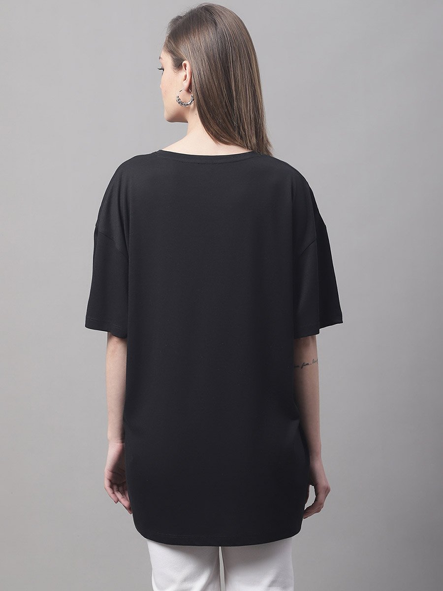 Women Black Oversized Slogan Print T-Shirt