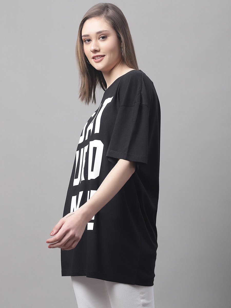Women Black Oversized Slogan Print T-Shirt