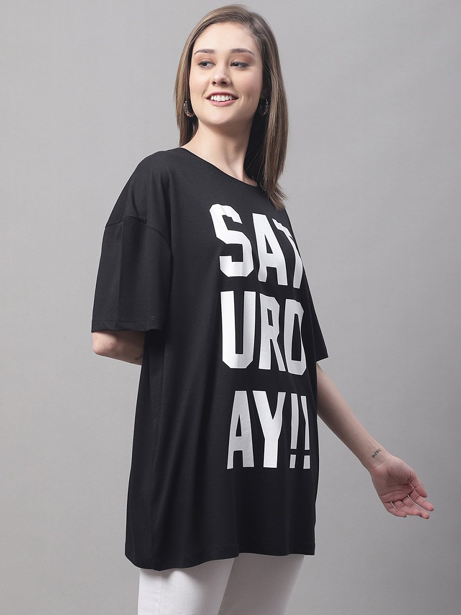 Women Black Oversized Slogan Print T-Shirt