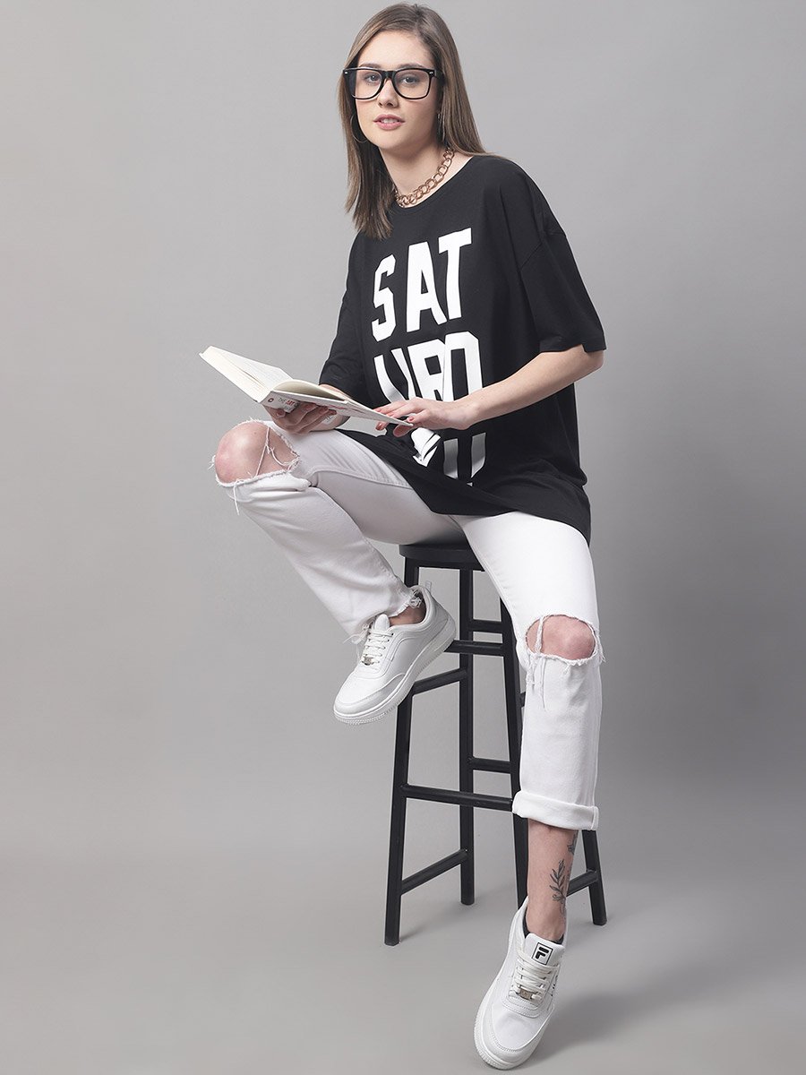 Women Black Oversized Slogan Print T-Shirt