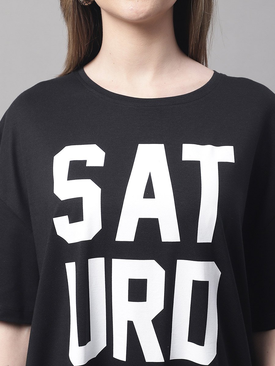 Women Black Oversized Slogan Print T-Shirt