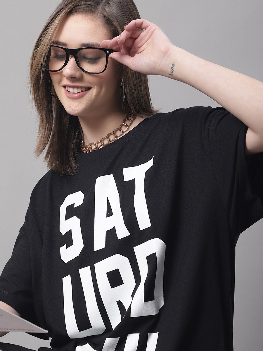 Women Black Oversized Slogan Print T-Shirt