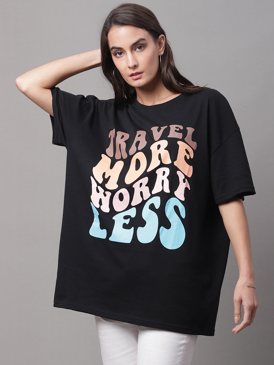 Women Black Oversized Graphic Print T-Shirt