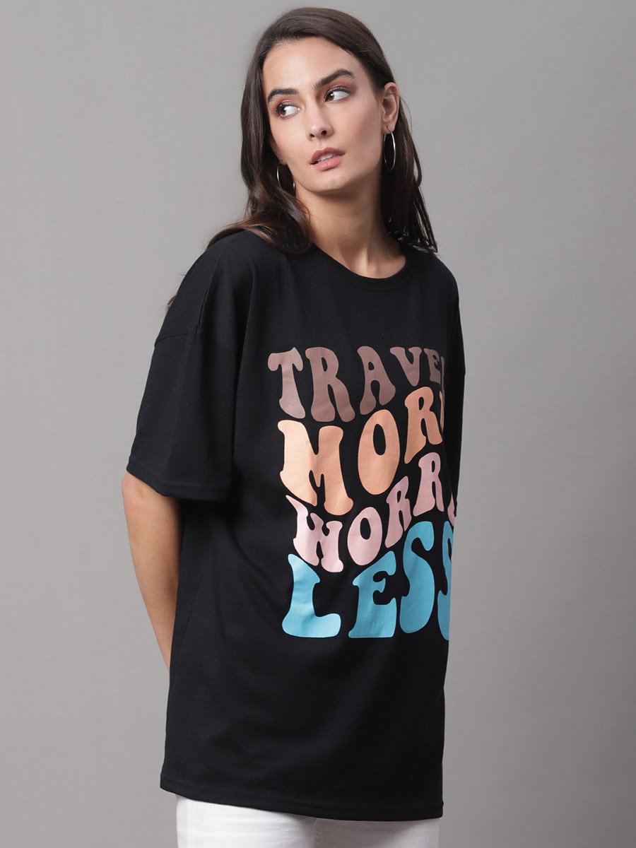 Women Black Oversized Graphic Print T-Shirt