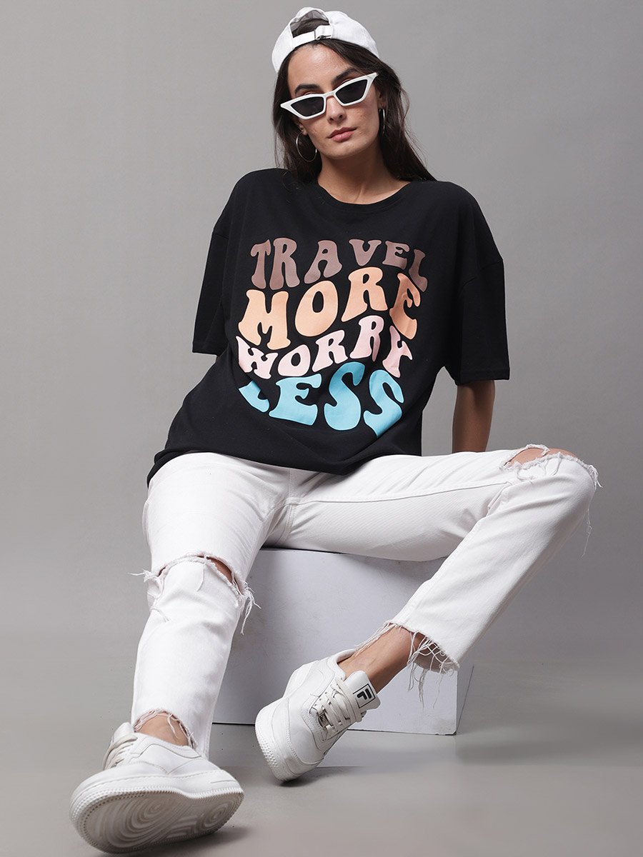 Women Black Oversized Graphic Print T-Shirt