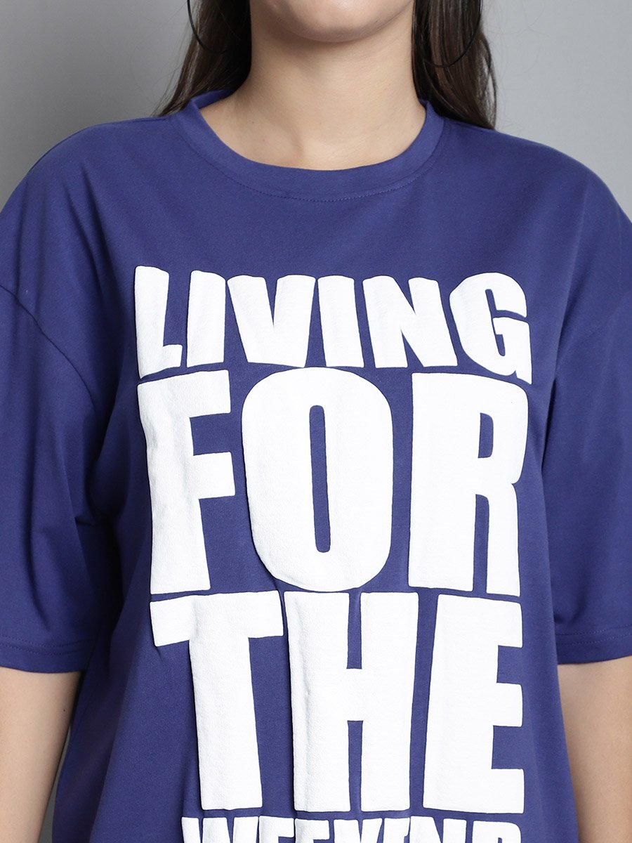 Navy Blue Oversized Slogan Print T-Shirt