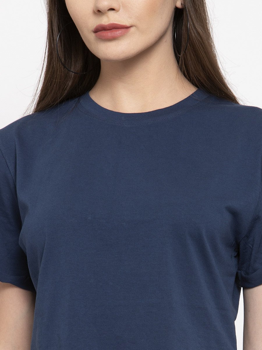 Navy Blue Cotton Short Sleeve Crop T-Shirt