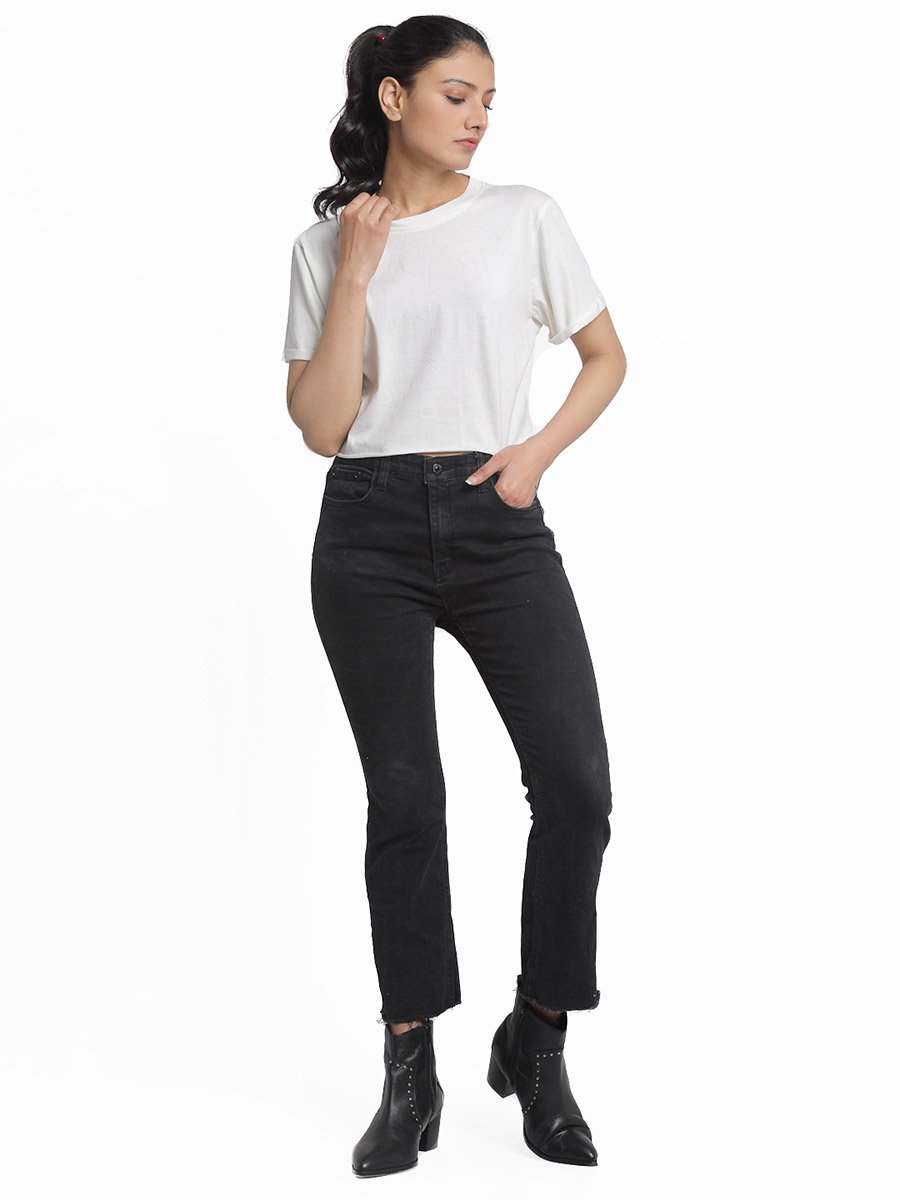 Off White Cotton Short Sleeve Crop T-Shirt