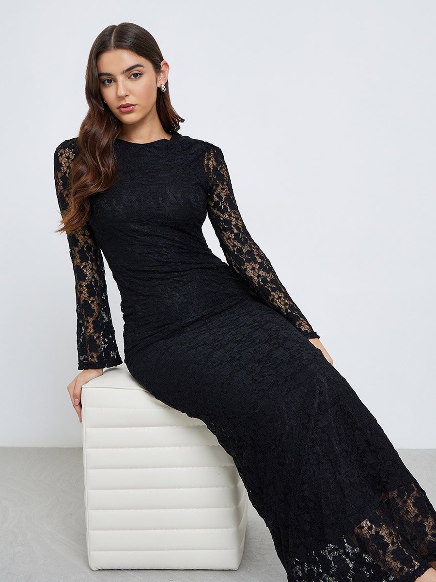 Black Lace Overlay Maxi Evening Dress For Women at Saudi | Styli Black Lace Overlay Maxi Evening Dress For Women at Saudi | Styli