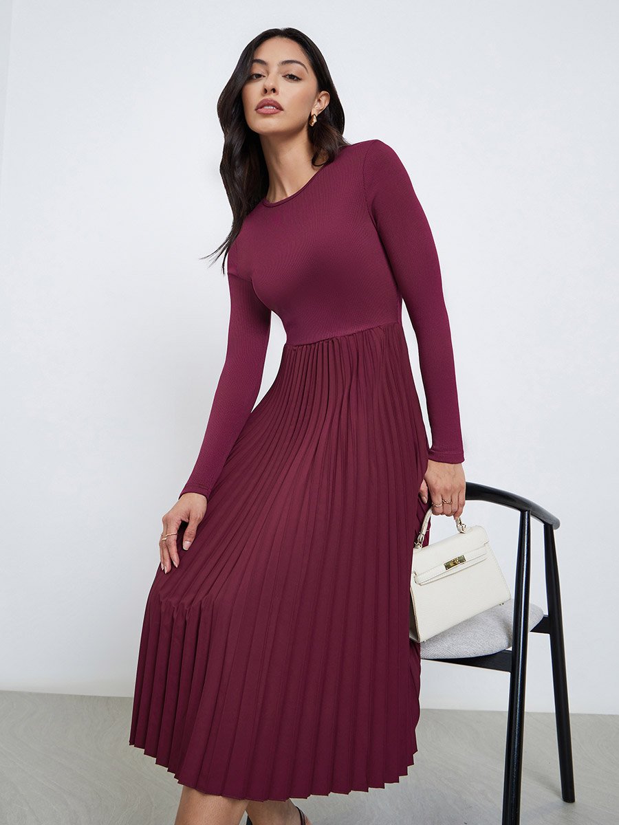 burgundy ribbed dress Burgundy Ribbed Knit Midi Dress – self-portrait-US